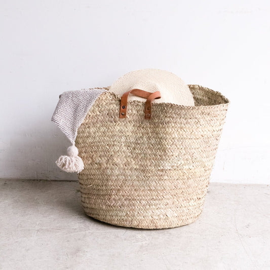 Wide Basket with Leather Handles